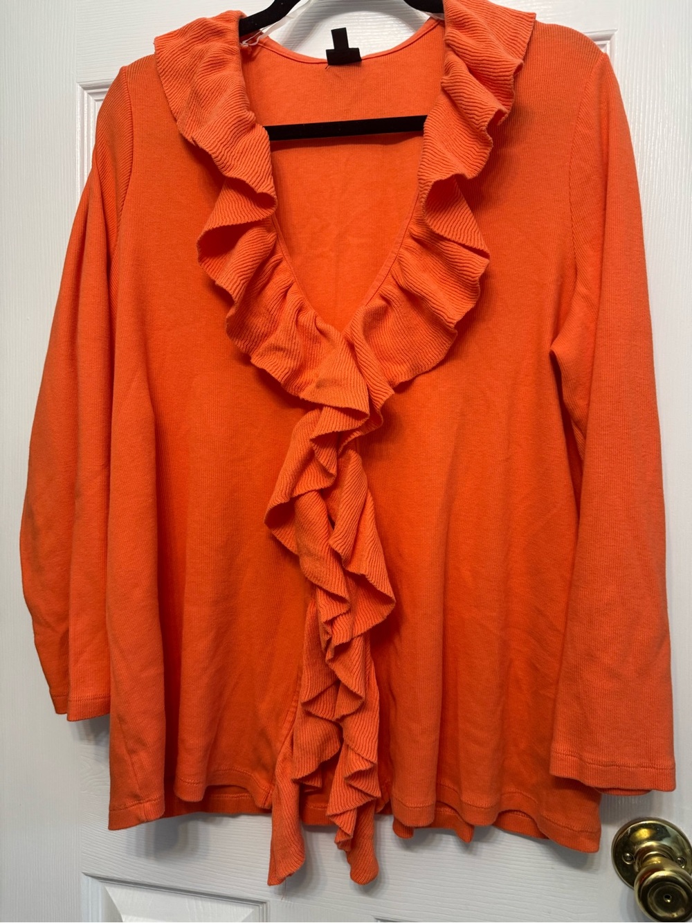 Rafaella Ruffled V-Neck Long Sleeve Cardigan - Bright Orange